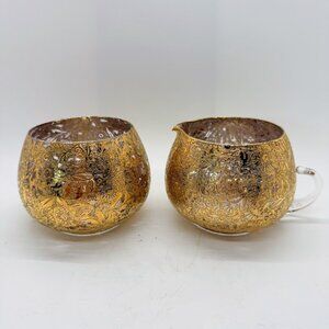 Vintage 22K Gold Embossed Glass Creamer & Sugar Glastonbury Lotus Daisy Fields